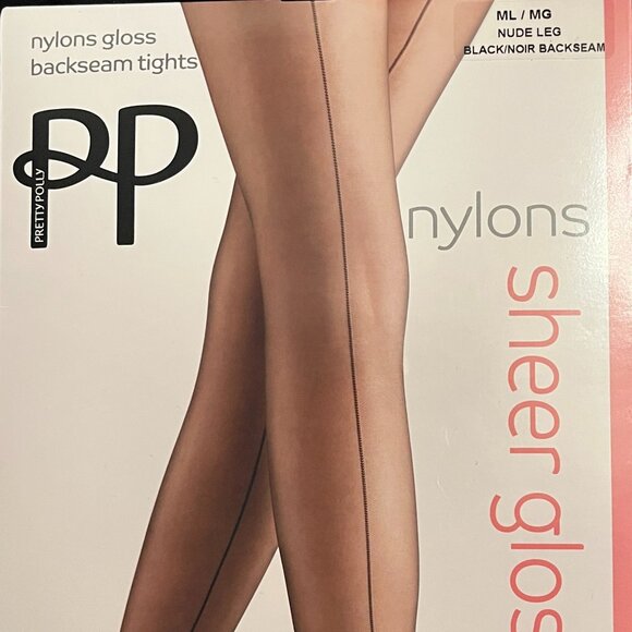 "Pretty Polly" Nylons Gloss Backseam Tights ML Nude Leg Black Backseam New - Picture 5 of 12